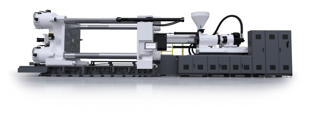 Side profile of internal components of Milacron's large tonnage C-Series plastic injection molding machine.