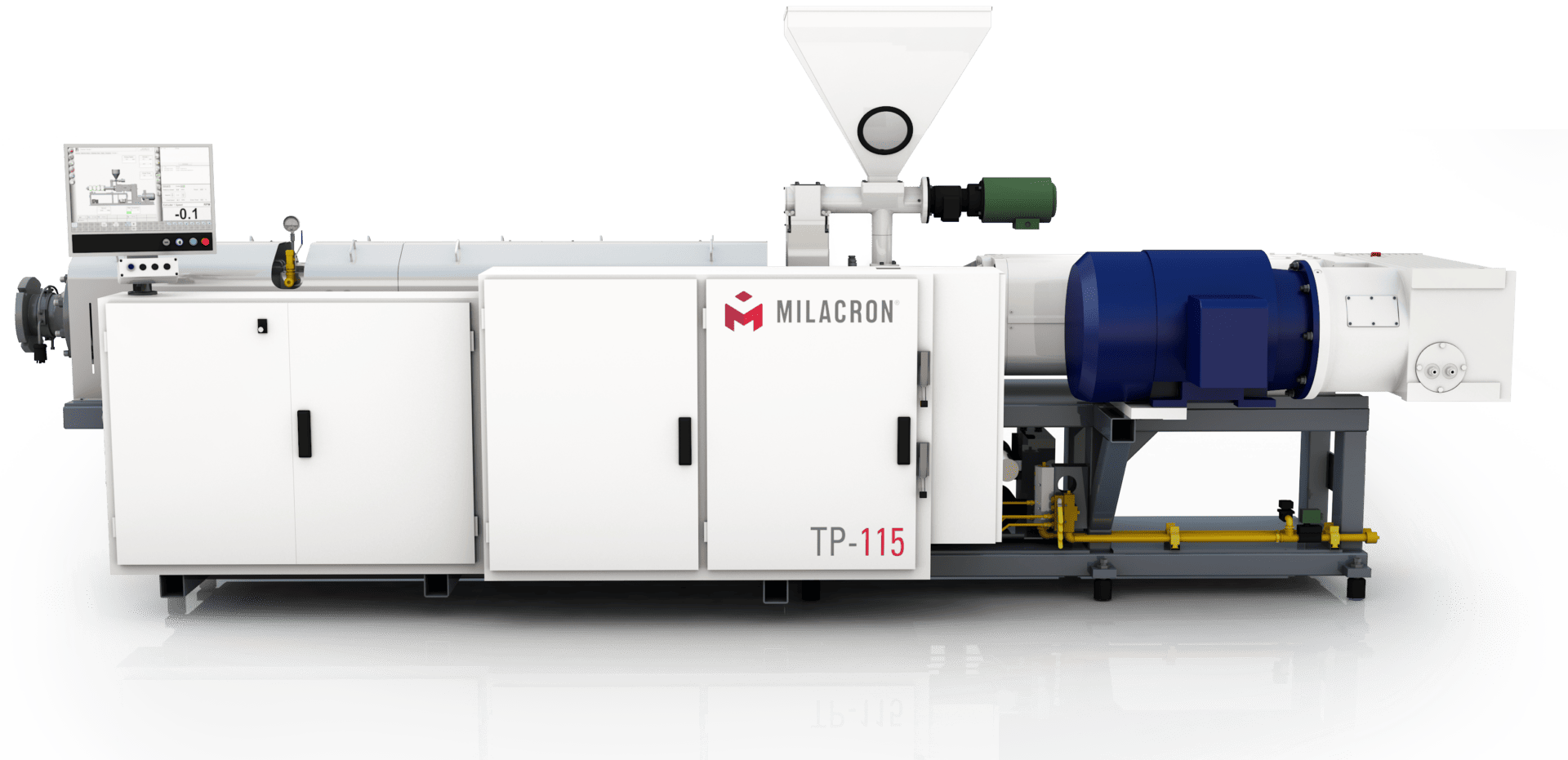 Side profile of Milacron's twin parallel screw plastic extrusion machine.