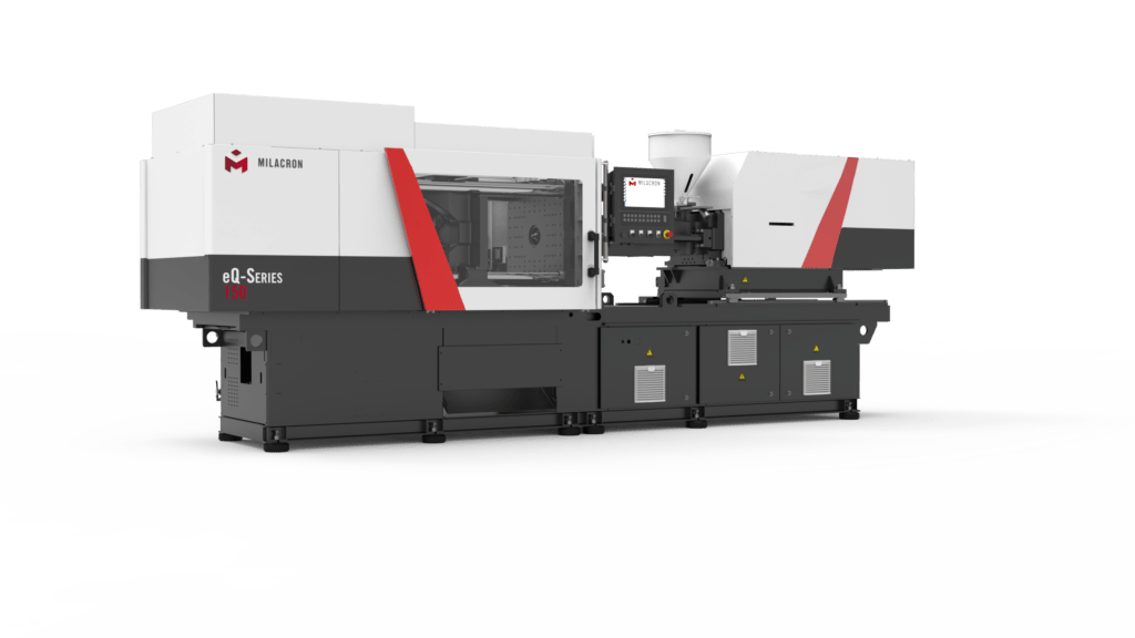 Side profile of Milacron's small to mid tonnage all electric eQ-Series plastic injection molding machine.