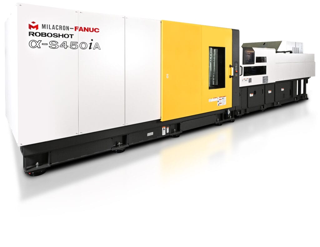 Angled of Milacron's small to mid tonnage all electric Roboshot plastic injection molding machine.