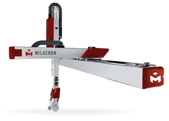 Milacron's 5X series of 5 axis servo robots for plastic manufacturers.