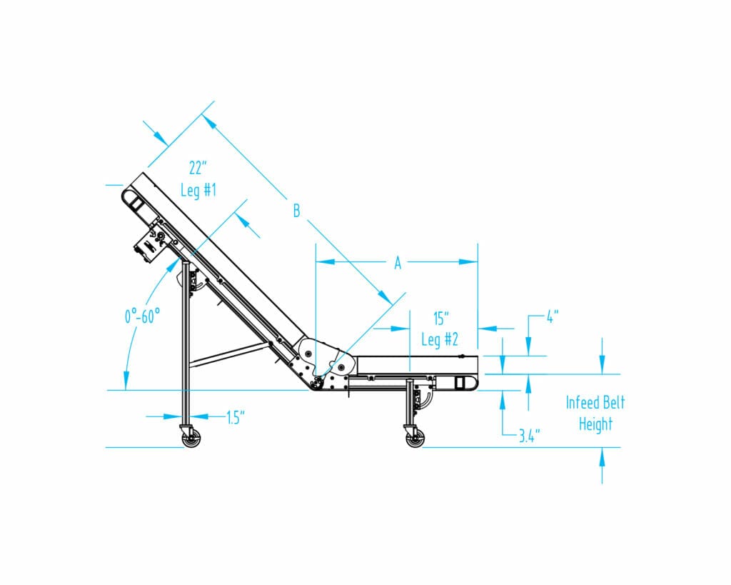 Schematic drawing of side view of Milacron's EAK adjustable incline conveyor.