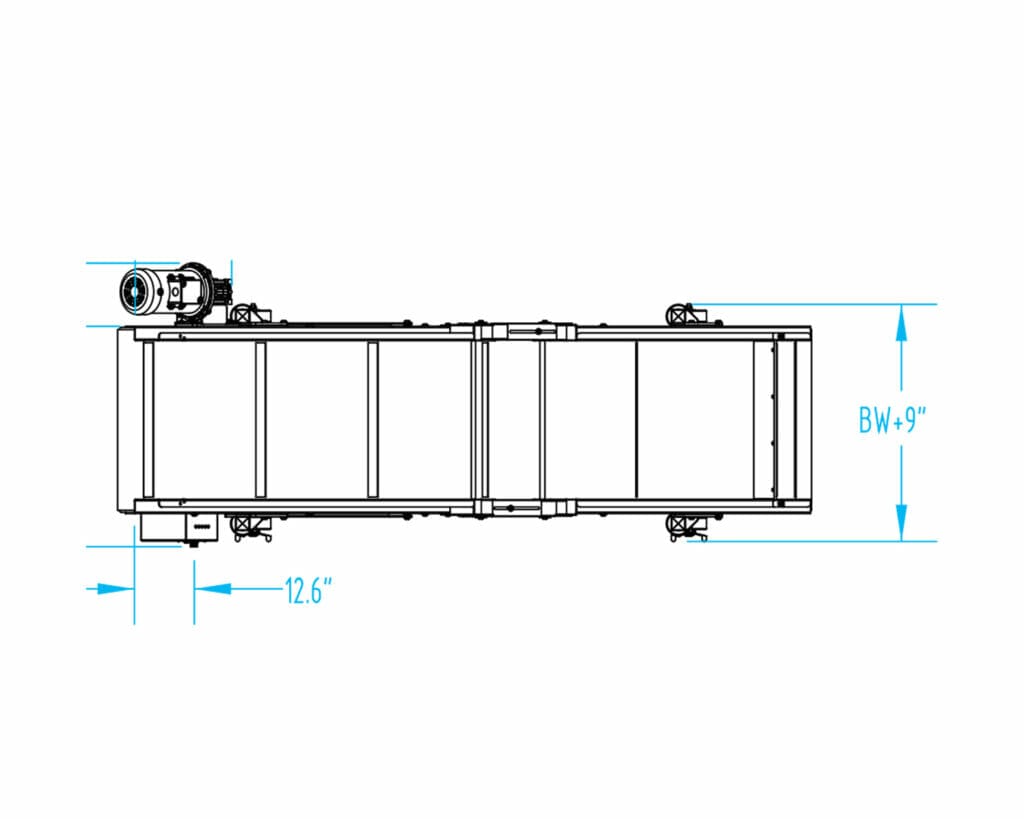 Schematic drawing of top view of Milacron's EAK adjustable incline conveyor.