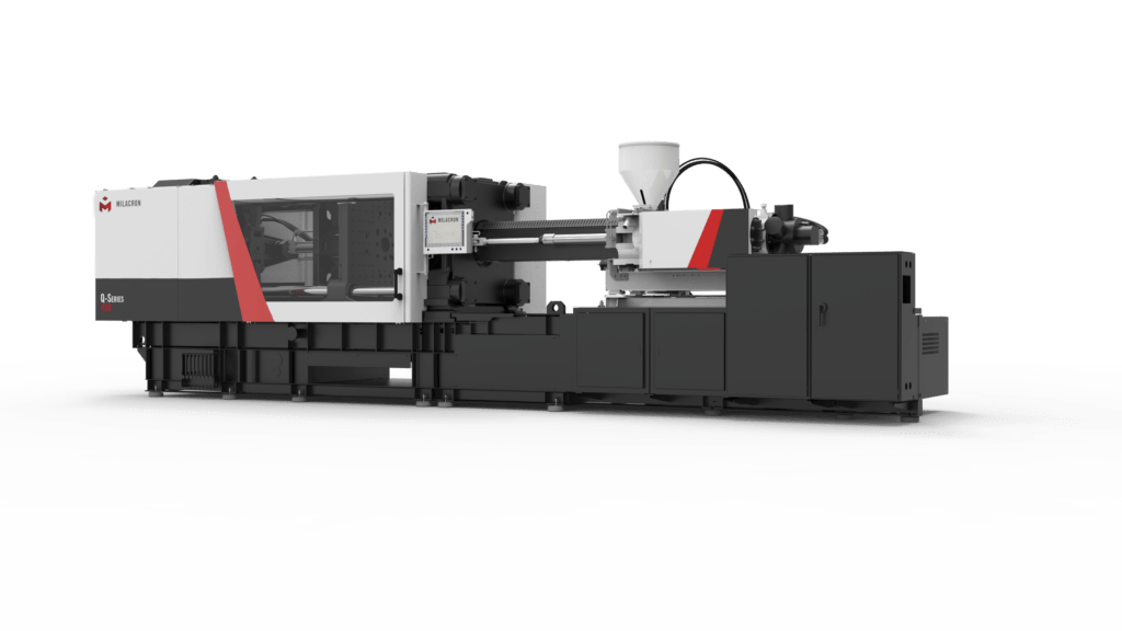 Side profile of Milacron's small to mid tonnage Q-Series plastic injection molding machine.