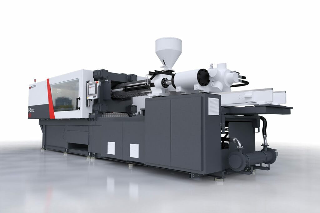 Angled view of Milacron's small to mid tonnage Q-Series plastic injection molding machine.