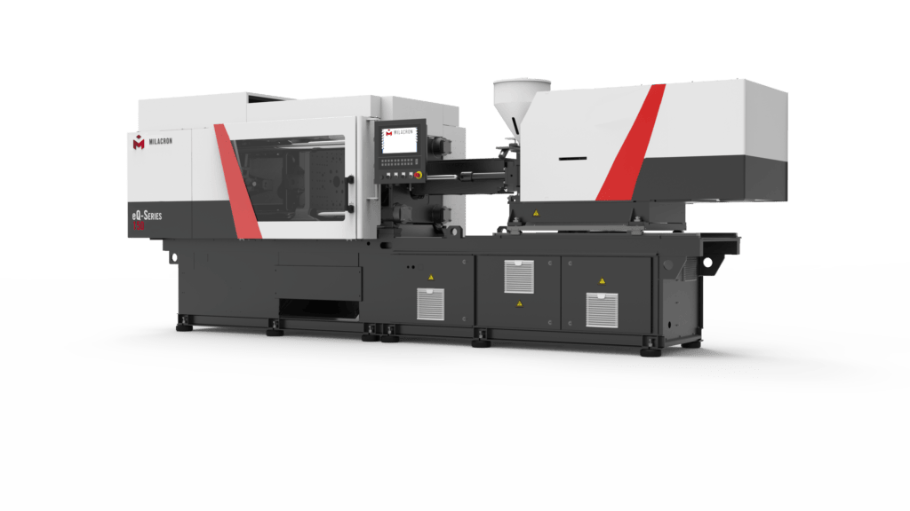 Side profile of Milacron's small to mid tonnage all electric eQ-Series plastic injection molding machine.