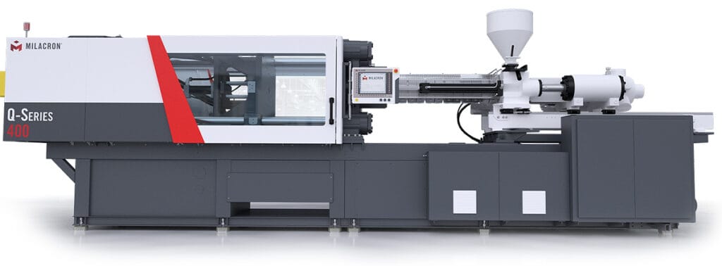Side profile of Milacron's small to mid tonnage Q-Series plastic injection molding machine.
