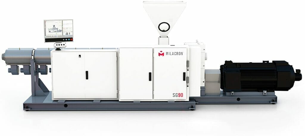 Side profile of Milacron's single grooved screw plastic extrusion machine.