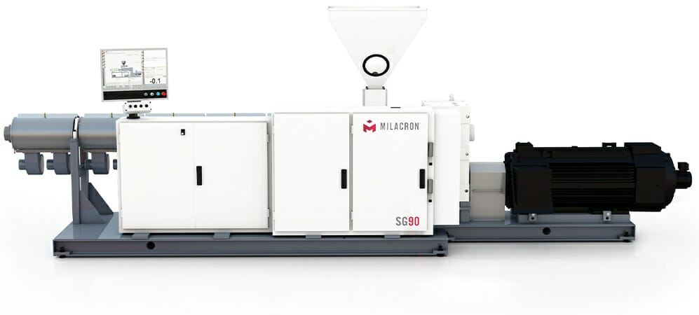 Side profile of Milacron's single grooved screw plastic extrusion machine.
